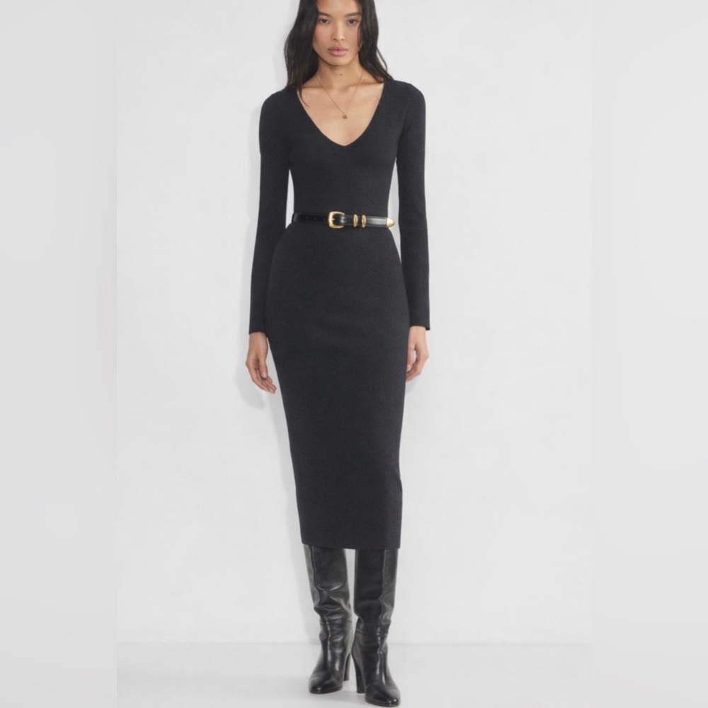 Wilfred Moore Charcoal Grey Long-Sleeve V-Neck Fitted Midi Sweater Dress XXS